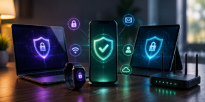 Smartphone, laptop, tablet, smartwatch, and Wi-Fi router protected by cybersecurity shields in a connected device security ecosystem.