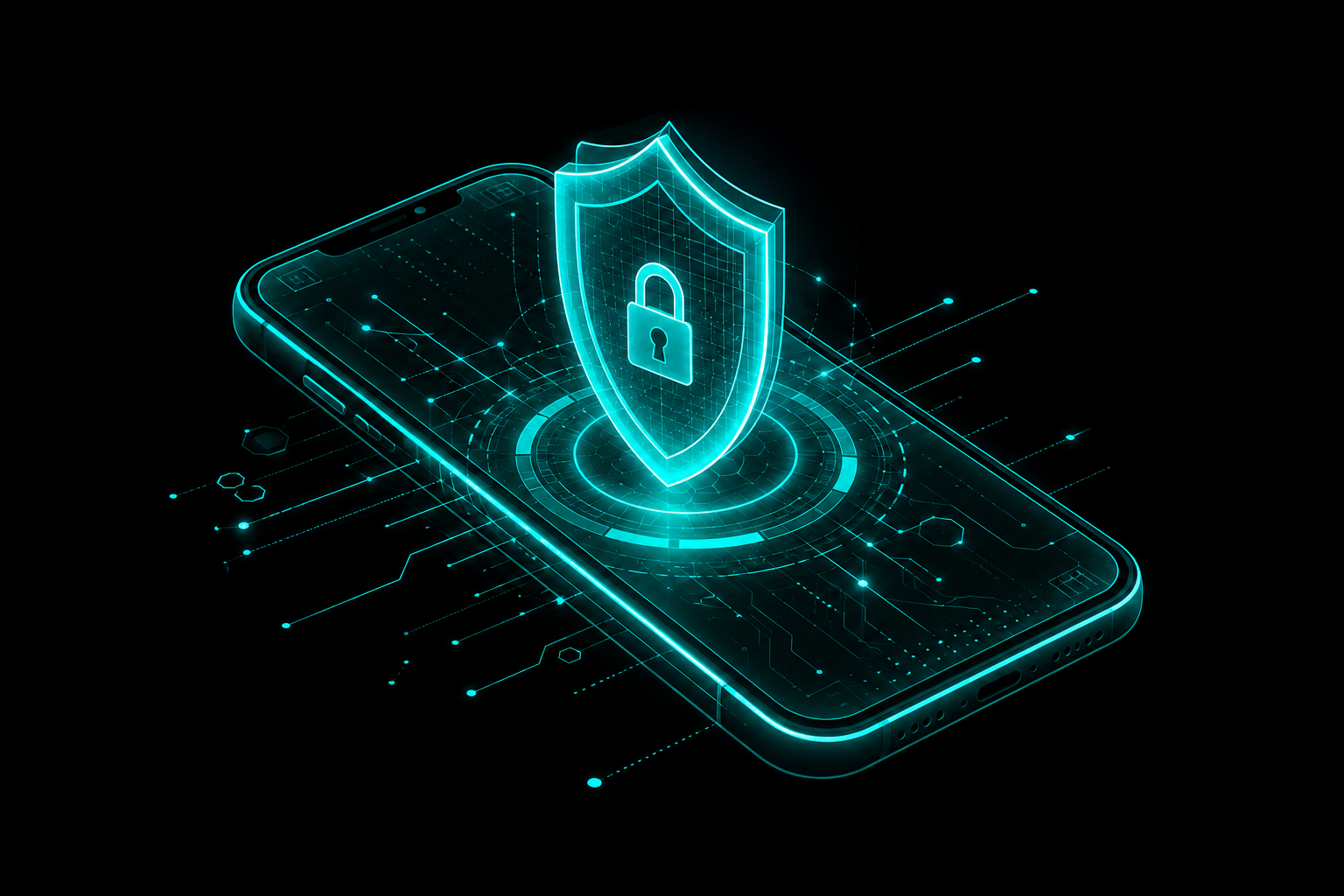 Minimalist isometric smartphone with a glowing holographic cybersecurity shield on a black background representing mobile device protection.