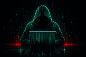 Hooded hacker silhouette with glowing circuit lines sitting behind a laptop displaying streaming code, surrounded by digital particles and red and mint green cyber effects.