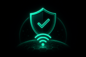 Glowing cybersecurity shield with a checkmark protecting a WiFi symbol, representing a secure and protected wireless network.