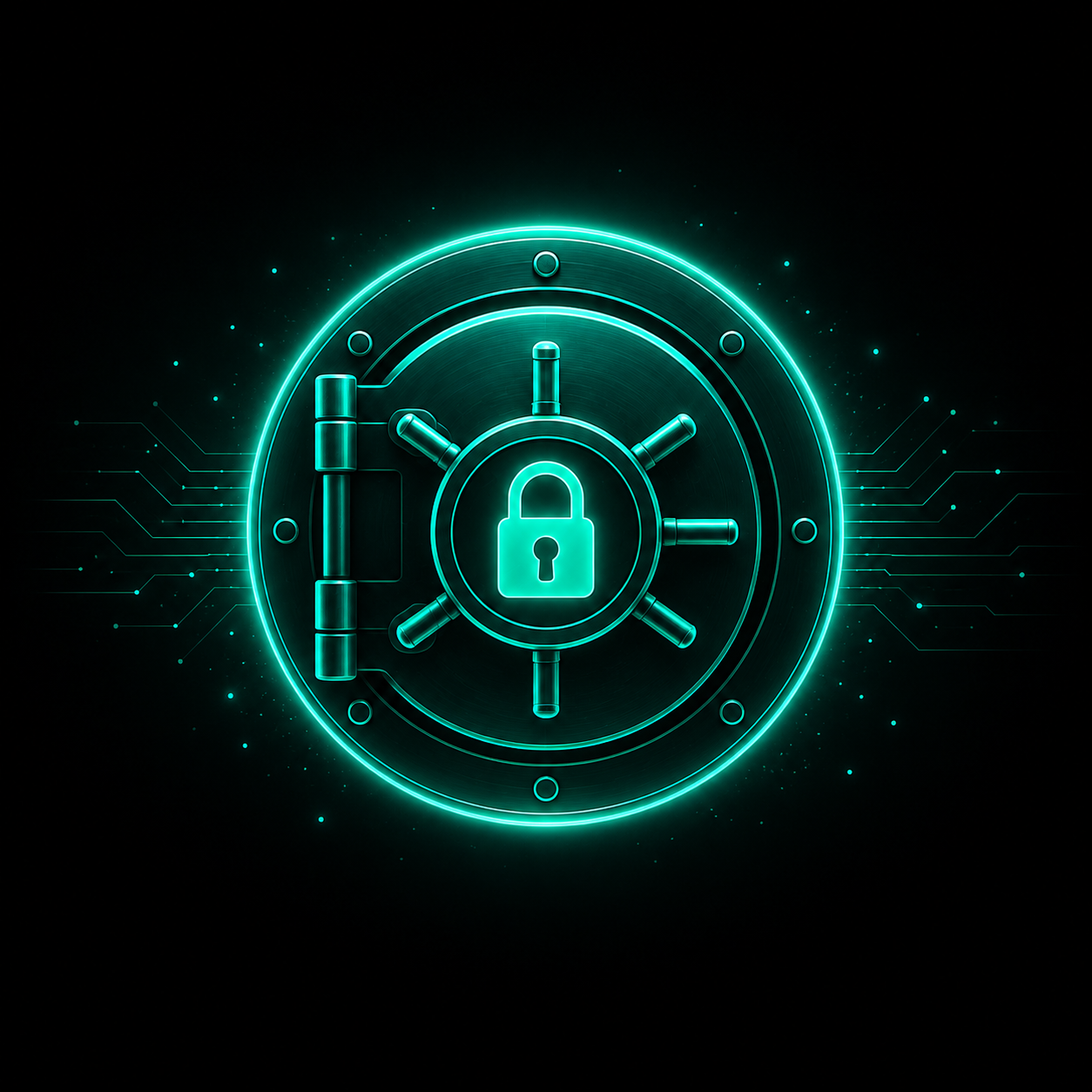 Glowing digital vault with a central padlock icon on a dark background, representing secure data storage and cybersecurity protection.