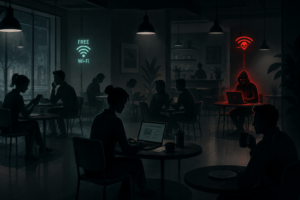 People using laptops and phones in a public café while a subtly highlighted hacker blends into the crowd, illustrating the hidden risks of public WiFi.