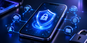 Sleek smartphone cybersecurity illustration showing a secure locked network database shield.