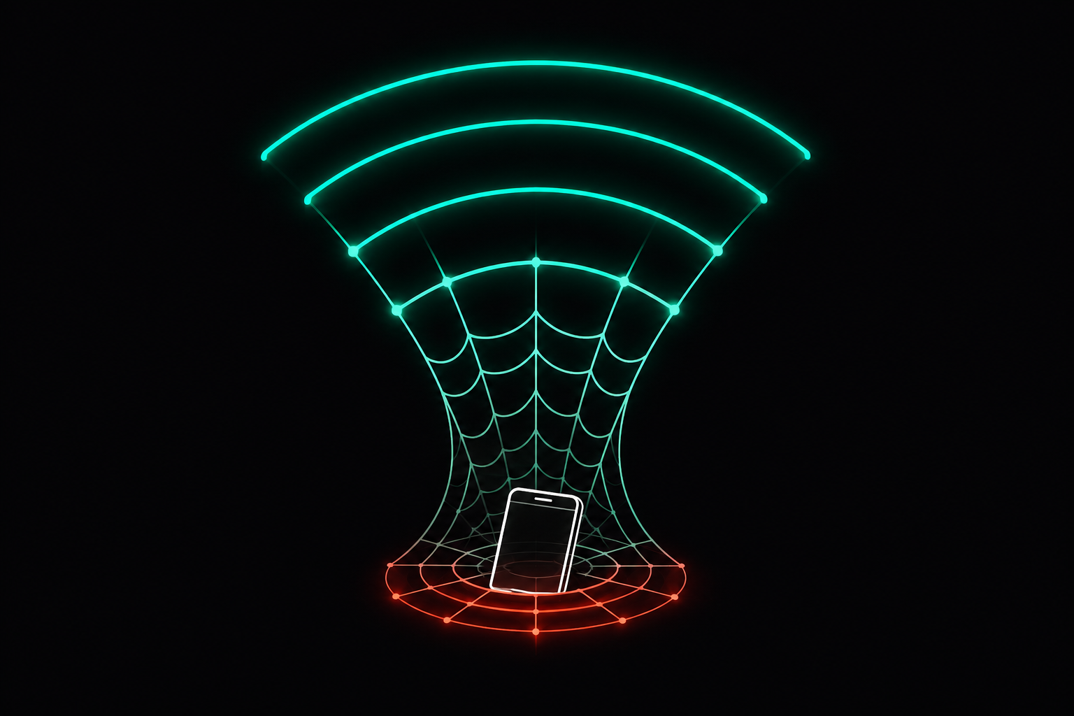 WiFi signal transforming into a spider web trapping a smartphone, illustrating the dangers of insecure public WiFi and cyber threats.