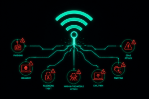 "WiFi signal branching into multiple cyber threat paths representing phishing, malware, password theft, man-in-the-middle attacks, evil twin networks, sniffing, and DDoS attacks."