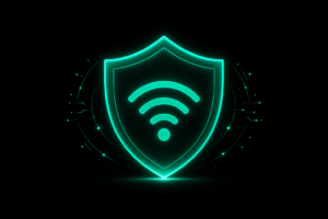 Glowing shield protecting a WiFi symbol on a dark background, representing secure wireless network protection.